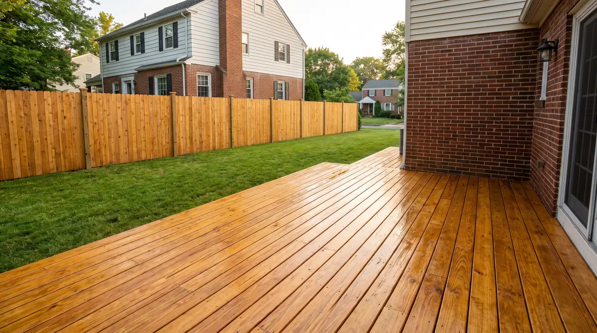 Newly stained deck and cedar fence behind a brick home