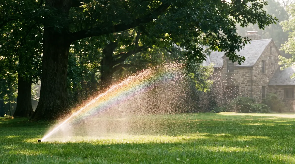 Sprinkler watering a deep green lawn on a summer morning in Chester NJ