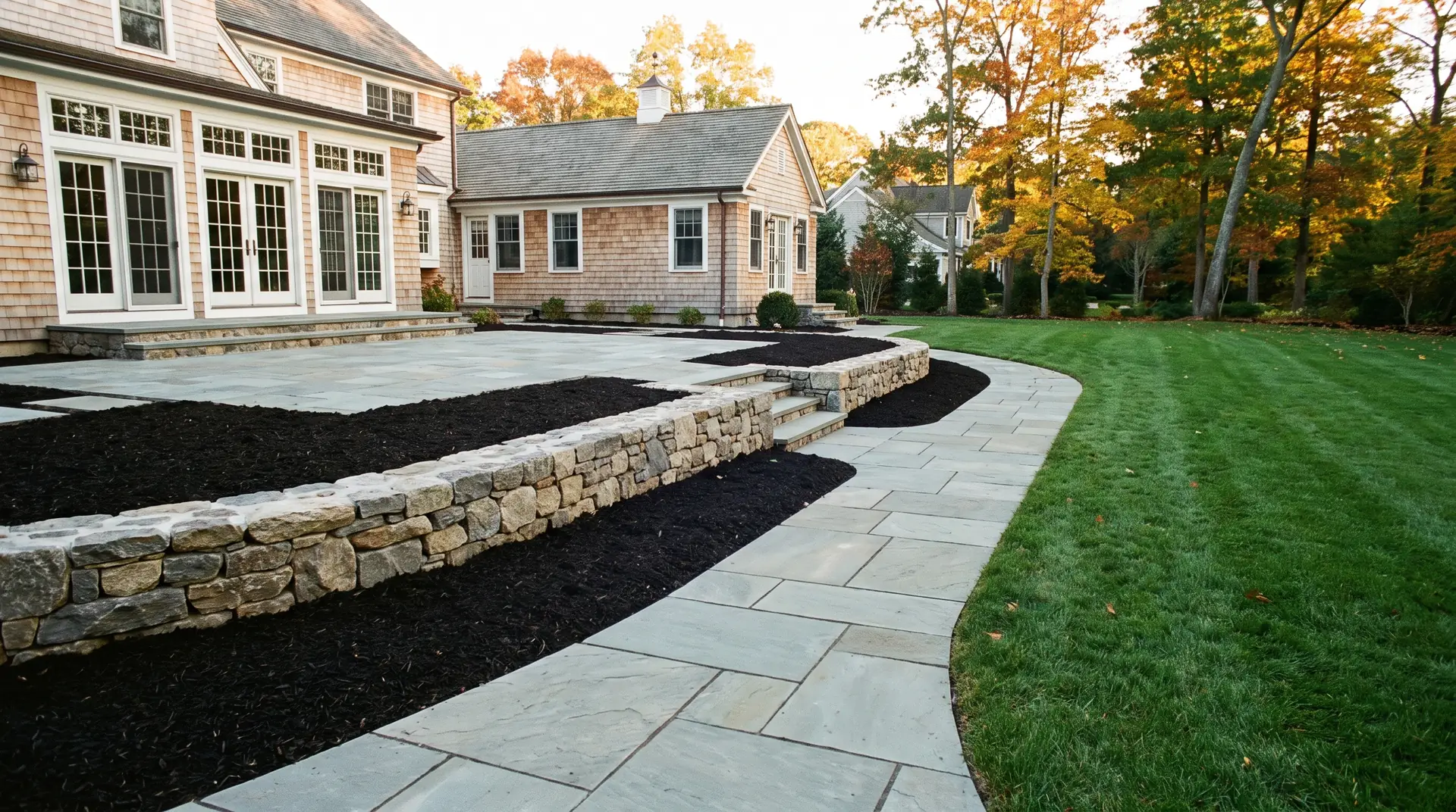 Bluestone patio, stone wall and mulch beds behind a Bernardsville NJ home
