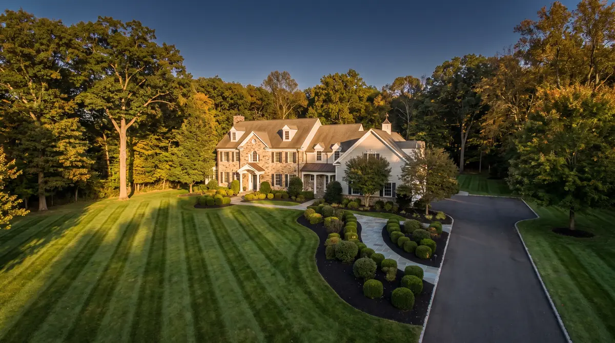 Striped, freshly mowed lawn at a Bernardsville NJ home
