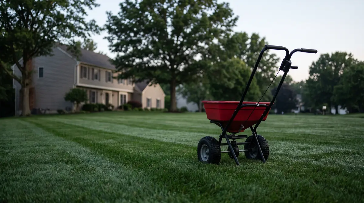 Spreader on a green lawn during a fertilization visit in Bernardsville NJ