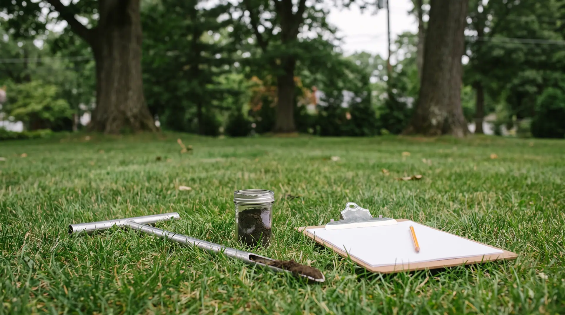 Soil probe, sample jar and clipboard on a lawn in Bernardsville NJ