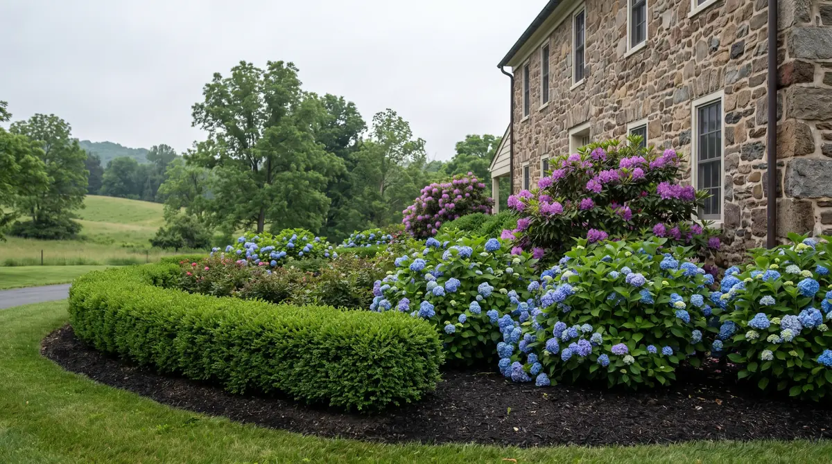 Trimmed boxwood hedge and hydrangeas beside a stone home