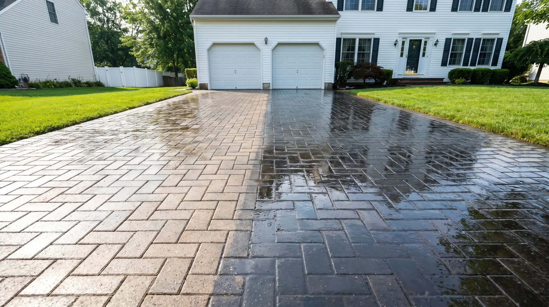 Freshly pressure washed paver driveway in front of a colonial home in Bernardsville NJ