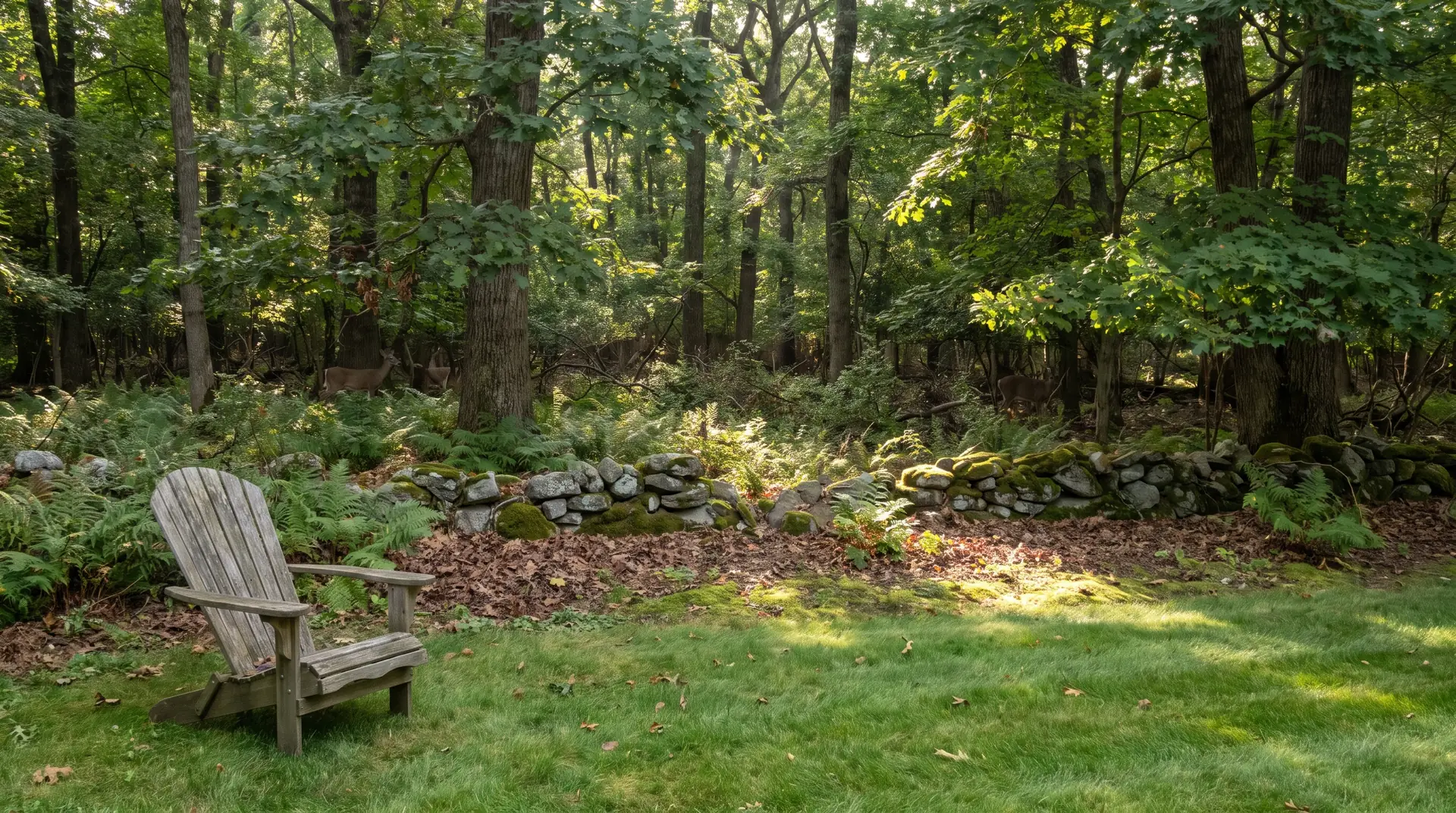 Backyard edge where the lawn meets the woods in Bernardsville NJ, the zone treated for ticks and mosquitoes