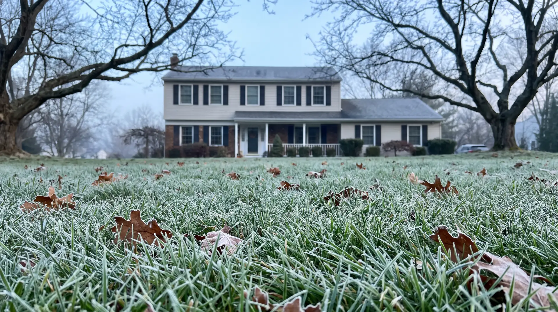 Frost on a lawn with fallen leaves in front of a colonial home in Mendham NJ